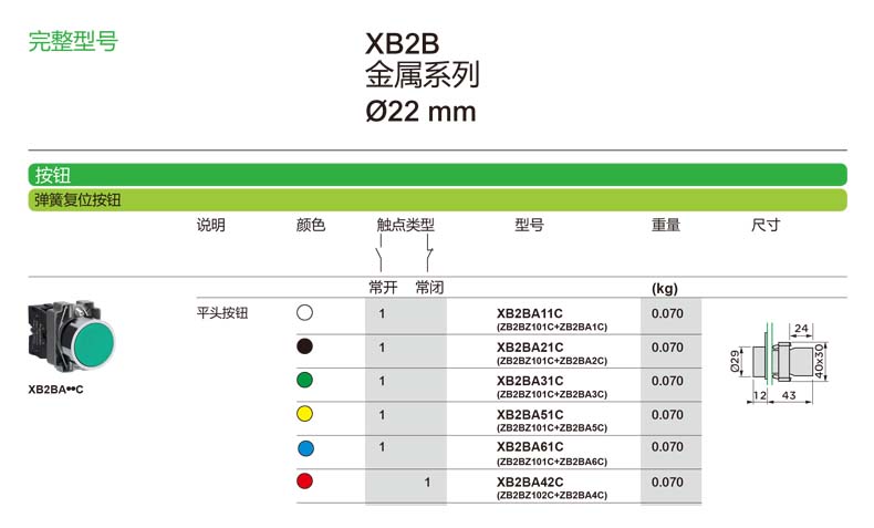 施耐德国产平头按钮指示灯XB2B系列完整型号