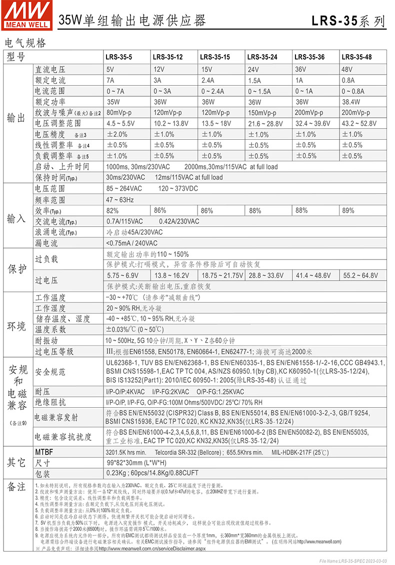 明纬电源LRS-35-12/15/24/36/48,35W单线输出明纬电源供应器代理商