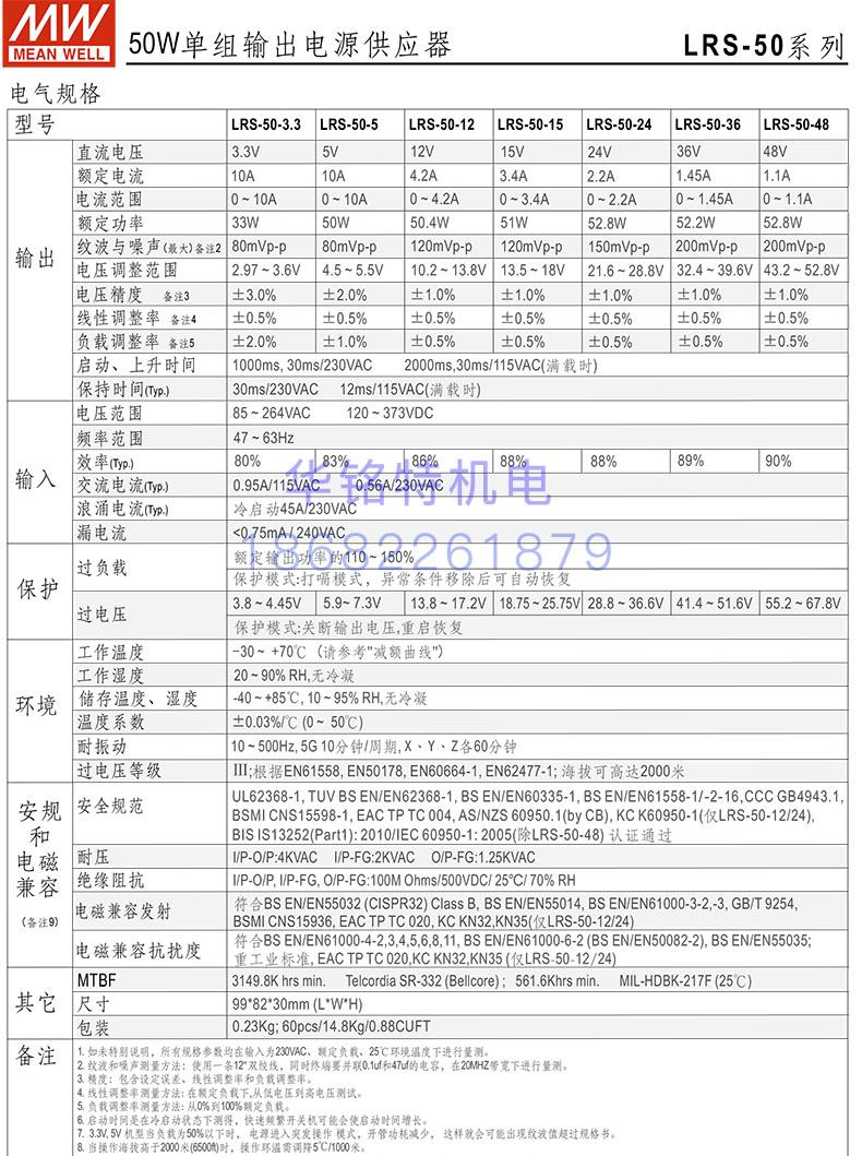 LRS-50-24系列产品选型表